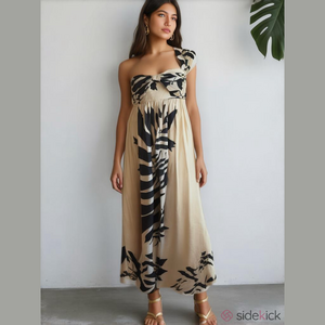 Anthropologie Let Me Be Tan Black Palm Floral One-Shoulder Maxi Dress SKU0790 91